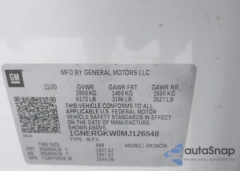 2021 Chevrolet Traverse Fwd Lt Cloth from USA, damaged, VIN 1GNERGKW0MJ126548
